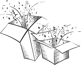 wacky-pack-ship-brand-mark Playful black-and-white illustration of two open boxes with confetti and streamers, representing the Wacky Pack & Ship brand in Pineville, Missouri.
